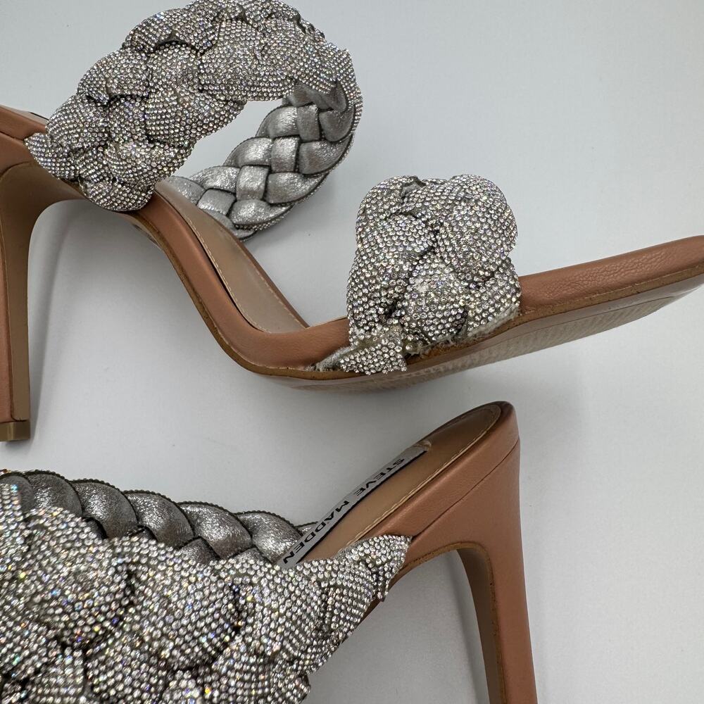 Steve Madden Kenley Silver Rhinestone Braided Double Strap Stiletto Mule Heel 10 - Picture 7 of 16